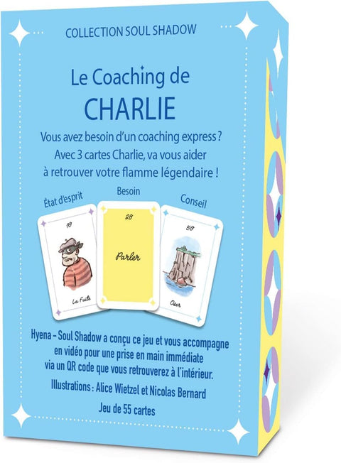 Kortų rinkinys Hyena Soul Shadow, mėlyna dėžutė "Le Coaching de Charlie" su 55 kortomis ir trimis pavyzdinėmis kortomis