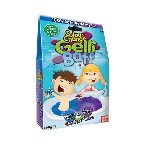 Spalvą keičianti vonios želė Gelli Baff 300 g, priekinė pakuotė su vaikų iliustracija ir mėlyna→violetine transformacija