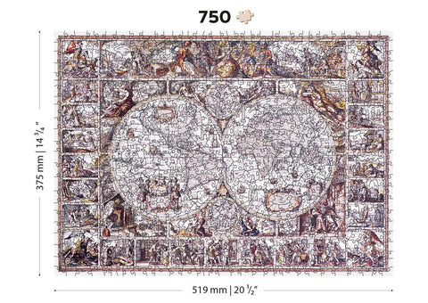 Medinė dėlionė „Tyrinėjimų žemėlapis“ 750 detalių, dvipusės figūrėlės 12+