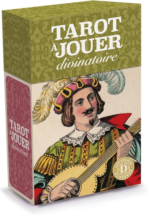 tarot kortos Dussere pakuotėje su žaliu viršeliu ir muzikanto iliustracija, rodoma trijų ketvirčių kampu