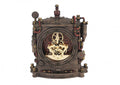 Stalo laikrodis steampunk stiliaus bronzinis, atvirais aukso pavarų mechanizmais ir romėniškais skaitmenimis