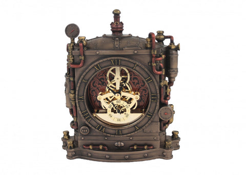Stalo laikrodis steampunk stiliaus bronzinis, atvirais aukso pavarų mechanizmais ir romėniškais skaitmenimis