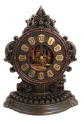 Stalo laikrodis steampunk stiliaus su atvirais krumpliais, antikvarine bronzine apdaila ir ornamentuota klaviatūros baze