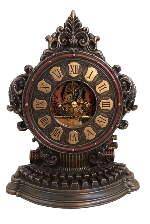 Stalo laikrodis steampunk stiliaus su atvirais krumpliais, antikvarine bronzine apdaila ir ornamentuota klaviatūros baze