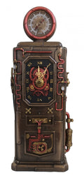 Steampunk laikrodis bronzinis su raudonomis pavaromis, romėniškais skaitmenimis ir viršutiniu manometru, priekinė perspektyva