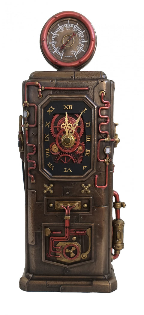 Steampunk laikrodis bronzinis su raudonomis pavaromis, romėniškais skaitmenimis ir viršutiniu manometru, priekinė perspektyva
