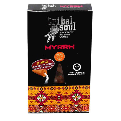 Kūginiai smilkalai Tribal Soul Myrrh, juoda pakuotė su matomu jumbo backflow kūgiu ir etninio rašto apačia