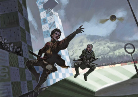 Plakatas Quidditch kovos scenoje: du raiteliai šokinėja ant skraidančių šluotų virš stadiono, matomas auksinis kamuoliukas