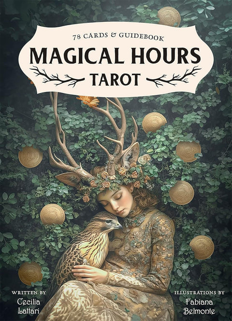 Tarot kortos Magical Hours – dėklas su moters ant ragų vainiku, prie jos prigludęs vanagas ir plaukiojančios auksinės monetos