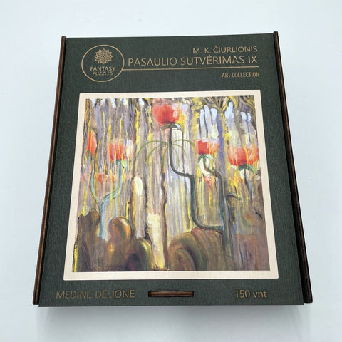 Dėlionė Fantasy Puzzles (150 det.), medinė dėžutė su M. K. Čiurlionio „Pasaulio sutvėrimas IX“ reprodukcija ant viršelio