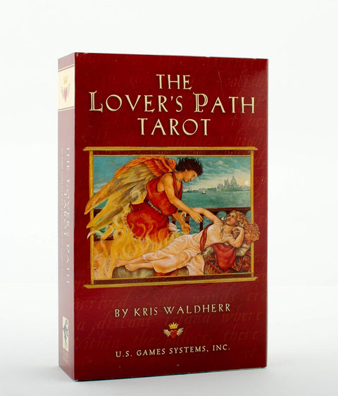 Prekės puslapiui: priekinis raudonas The Lover's Path Tarot dėklo vaizdas, Kris Waldherr leidimas, vertikalus kampas, skirtas produkto pakuotei.