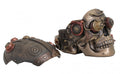 Steampunk kaukolė bronzos spalvos su nuimamu dekoratyviniu šalmu, šoninė perspektyva atskleidžia mechanines detales