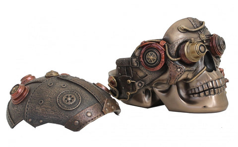 Steampunk kaukolė bronzos spalvos su nuimamu dekoratyviniu šalmu, šoninė perspektyva atskleidžia mechanines detales