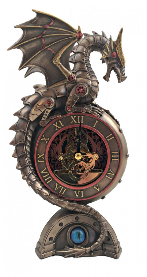 Stalinis laikrodis drakono formos steampunk stiliaus, bronzinis, su romėniškais skaitmenimis, atvirais mechaniniais krumpliais ir švytinčia mėlyna akies baze