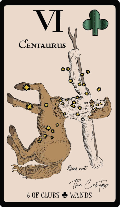 Taro korta 6 klubų (Wands), smėlio fono iliustracija centauro su lazda vertikaliame formate, detalus variantas