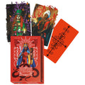 Tarot kortos Spirit Box raudonoje dėžutėje su 78 kortomis ir 160 p. bukletu, pavaizduotas atverstas kortų pavyzdys ir oranžinė nugarėlė