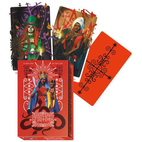 Tarot kortos Spirit Box raudonoje dėžutėje su 78 kortomis ir 160 p. bukletu, pavaizduotas atverstas kortų pavyzdys ir oranžinė nugarėlė