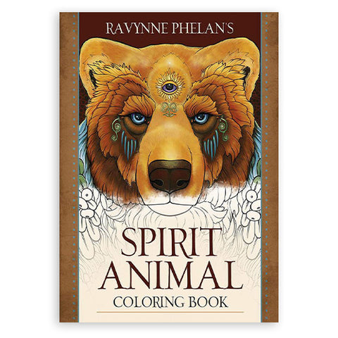 Spalvinimo knyga Spirit Animal (Ravynne Phelan) — rudo lokio viršelis su trečiąja akimi ir dekoratyviais motyvais