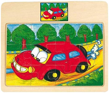 Bino medinė dėlionė Raudonas automobilis – 12 dalių, vaikams nuo 2 metų