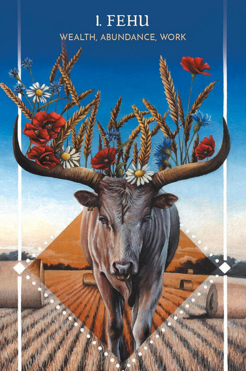 tarot korta Fehu — jaučio portretas su kviečių vainiku ir aguonomis ant ragų, vertikalus plakatas apie gausą