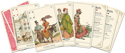 Lenormand kortos su retro iliustracijomis, rožiniu ornamentuotu nugarėliu ir aiškinimo kortele, vėduoklės išdėstymas