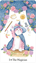 Tarot korta su rožine ir balta maga-kate, mėlyna skraistė, rožių rėmas ir magiški simboliai