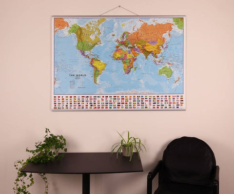 Laminuotas pasaulio politinis žemėlapis 73x103 cm su vėliavomis