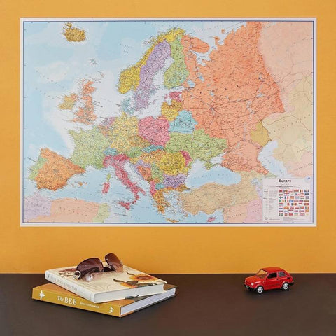 Europos politinis sieninis žemėlapis 100x139 cm, laminuotas, su vėliavomis