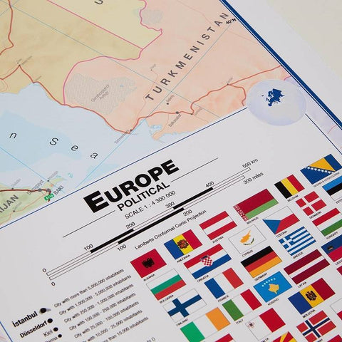 Europos politinis sieninis žemėlapis 100x139 cm, laminuotas, su vėliavomis