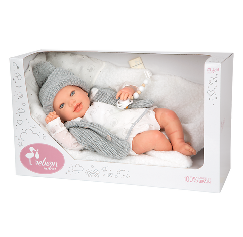 Arias Reborn lėlė kūdikis Daniela 45 cm – pilki rūbeliai, rankų darbo