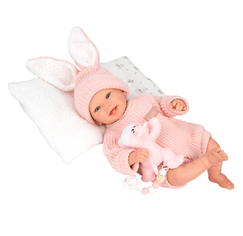 Arias Reborn lėlė Lucia 45 cm – rankų darbo, rožiniai megzti rūbai