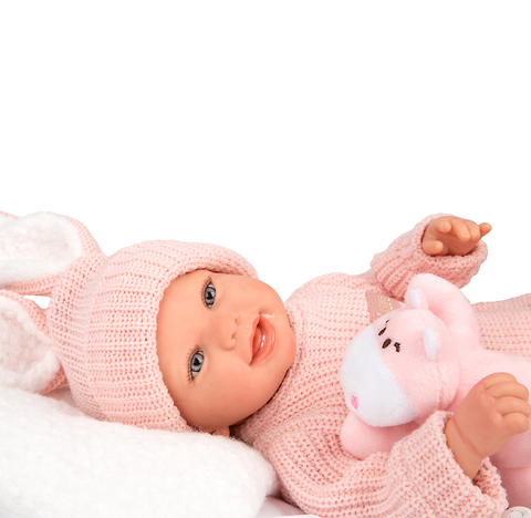 Arias Reborn lėlė Lucia 45 cm – rankų darbo, rožiniai megzti rūbai