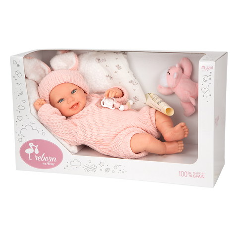 Arias Reborn lėlė Lucia 45 cm – rankų darbo, rožiniai megzti rūbai