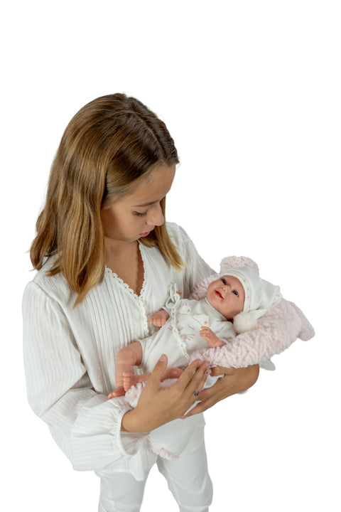 Rankų darbo Reborn kūdikio lėlė 35 cm su pagalvėle, čiulptuku ir rūbeliais