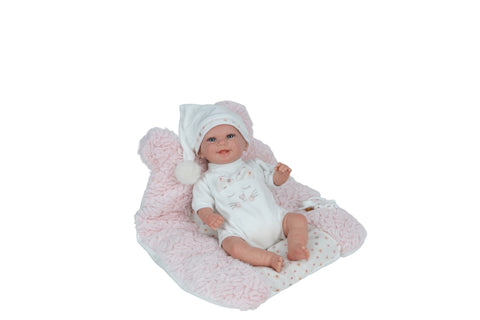 Rankų darbo Reborn kūdikio lėlė 35 cm su pagalvėle, čiulptuku ir rūbeliais