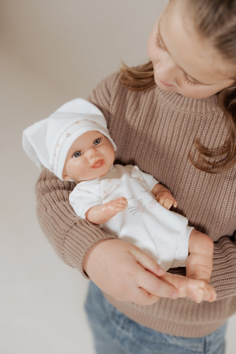 Rankų darbo Reborn kūdikio lėlė 35 cm su pagalvėle, čiulptuku ir rūbeliais