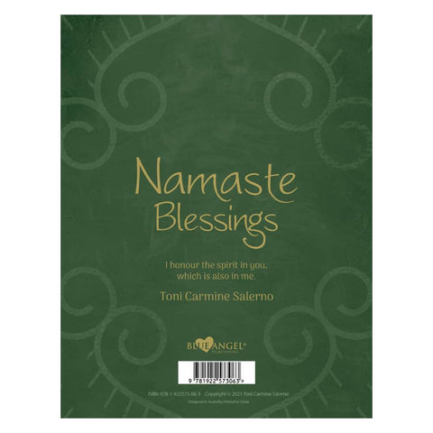 Knyga Namaste Blessings — tamsiai žalias nugarėlis, autorė Toni Carmine Salerno, leidykla Blue Angel ir brūkšninis kodas