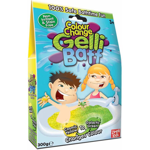 Gelli Baff vonios želė Zimpli Kids 300 g, keičia spalvą iš Cosmic Yellow į Galactic Green, priekinė pakuotė vaikams 3+