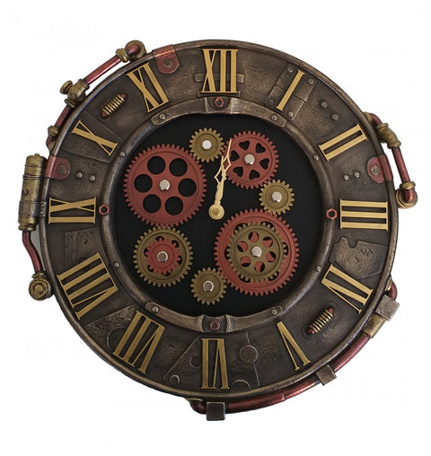 Sieninis laikrodis steampunk stiliaus bronzinis su raudonais ir auksiniais dantračiais, romėniškomis skaitmenimis ir matomu mechanizmu, tiesus priekinis planas
