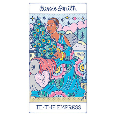 tarot korta Imperatorė, Bessie Smith iliustracija su mėlyna suknele, žydrais povais ir gėlių motyvais, unikalus galerijos variantas
