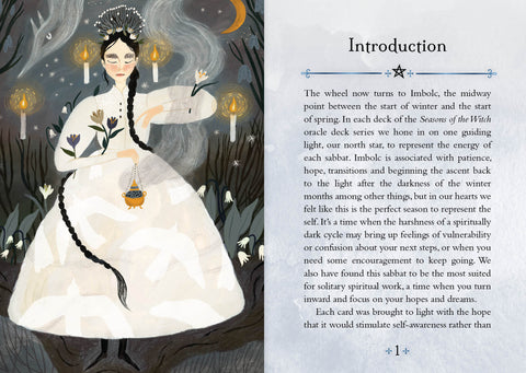 oracle kortos Seasons of the Witch – atverstas leidinys: Imbolc kortos iliustracija su baltai apsirengusia moterimi ir įžangos tekstu dešinėje