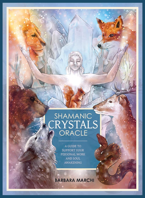 Shamanic Crystals Oracle kortos — iliustruotas dangtelis su stambiais krištolais ir gyvūnų totemais, rodantis kortų temą ir nuotaiką
