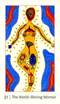 tarot korta 21 Pasaulis – Švytinti moteris, vertikalus geltonos figūros iliustracinis variantas su ryškiomis mėlynomis ir raudonomis bangomis