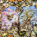 Kortelė stalo žaidimui – steampunk dizaino variantas su oro laivu (6) ir bonsai medžiu (5), ryškūs pastelinių debesų ir žalios tonų akcentai