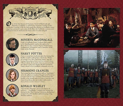 Gryffindor plakatas su smėlio spalvos informacine lentele, raudonu raštuotu rėmu, filmų scenomis ir namų narių portretais