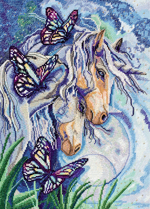 Siuvinėjimo kryželiu rinkinys Vienaragiai, 25x35 cm, 14 ct, su karoliukais