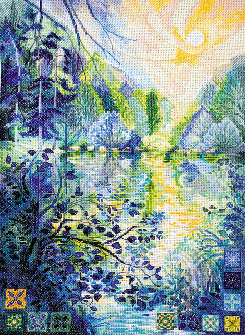 Siuvinėjimo kryželiu rinkinys Aušra virš upės, 28x38 cm, 14 ct, 56 spalvų