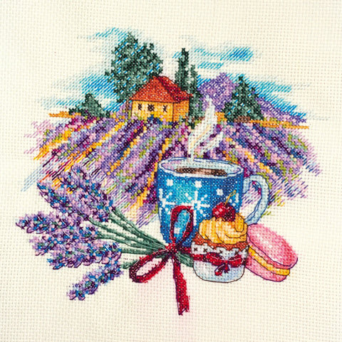 Siuvinėjimo kryželiu rinkinys „Provanso rytas“, su mediniu rėmeliu, 18×17 cm