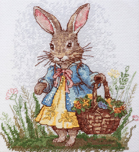 Siuvinėjimo kryželiu rinkinys Pavasario zuikis, 14 ct, su karoliukais, 18×20 cm