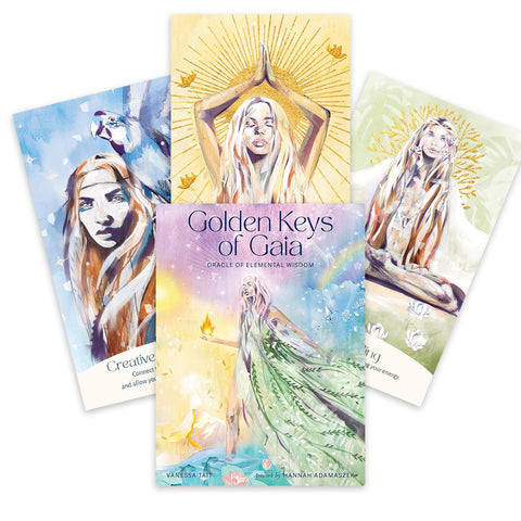 Orakulo kortos Golden Keys of Gaia, komplektas su viršutine korta ir trimis pavyzdinėmis akvarelinėmis kortomis fanuotai
